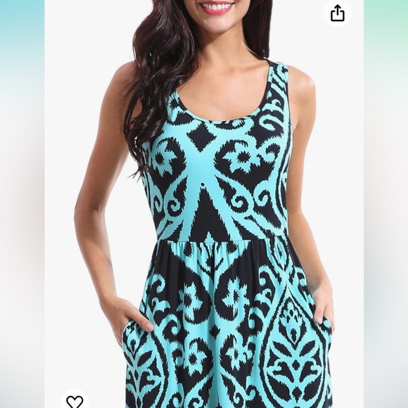Long Black Aqua teal print Maxi dress. Go to summer comfy with pockets! - Picture 3 of 7
